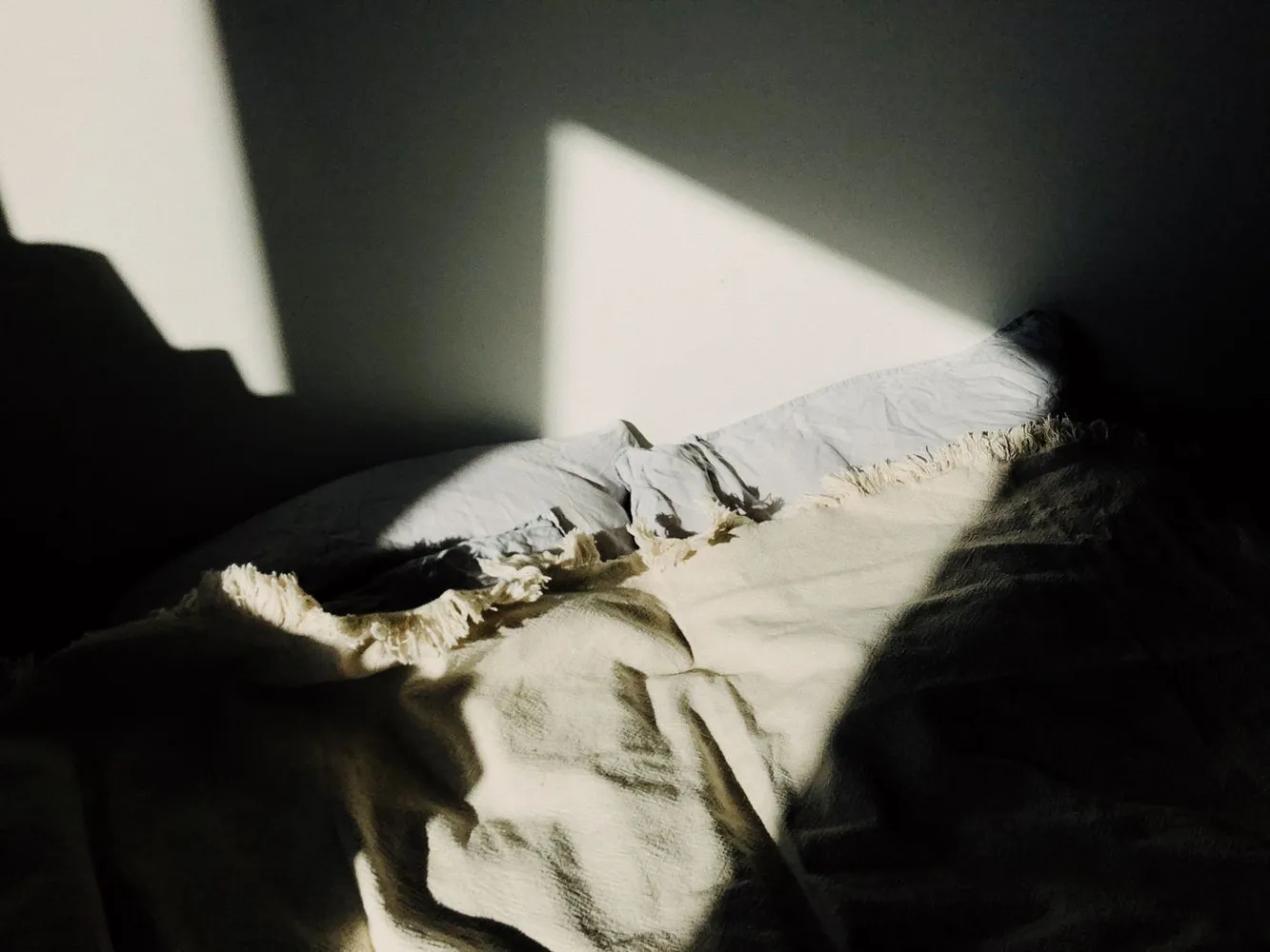 Warm sunlight falling across a bed and blanket